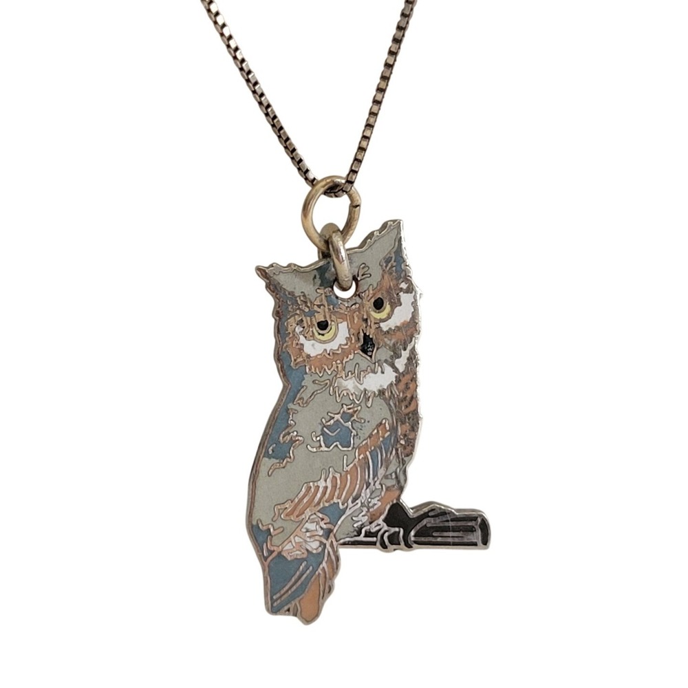 MAFCO Owl Pendant Necklace Vintage Enamel Nature Boho Jewelry Gray‎ Blue